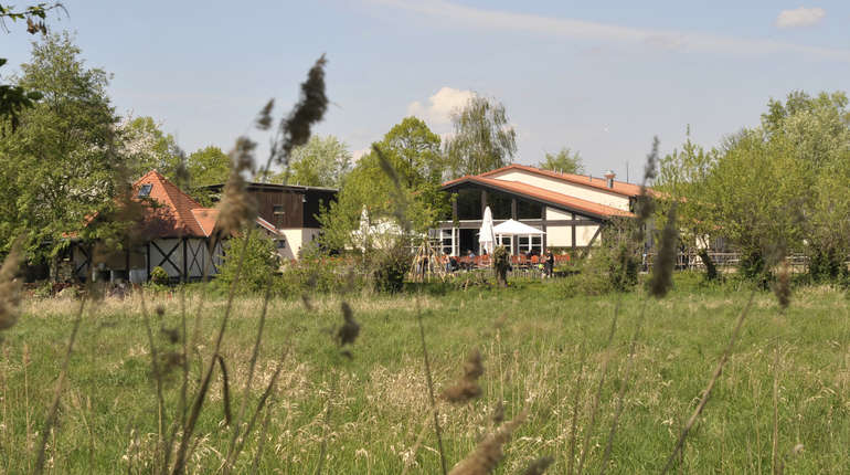 Blick auf den Lehmofen links und Restaurant rechts